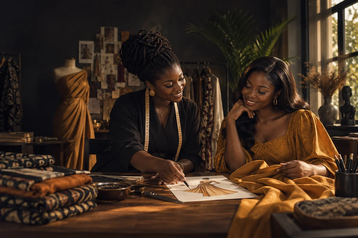 A designer and client exploring fabrics together in a fashion atelier