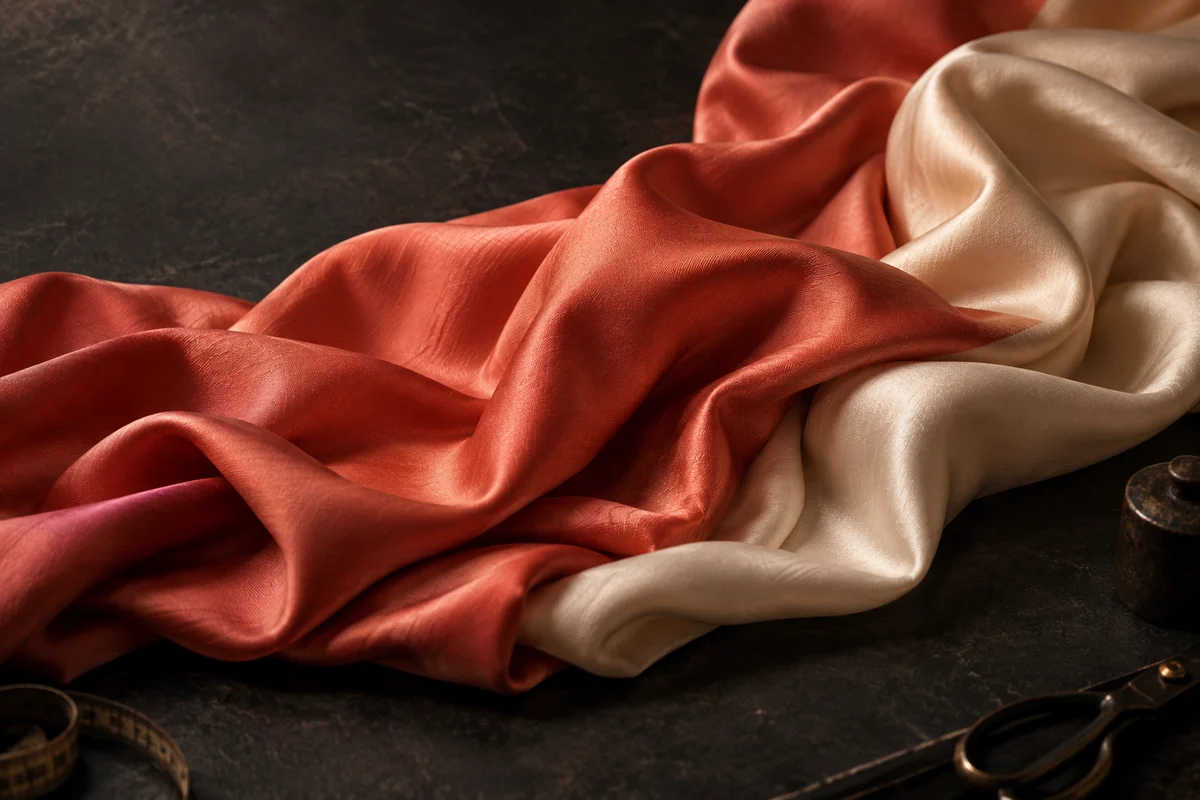 Coral and ivory fabric folded in a fabric studio