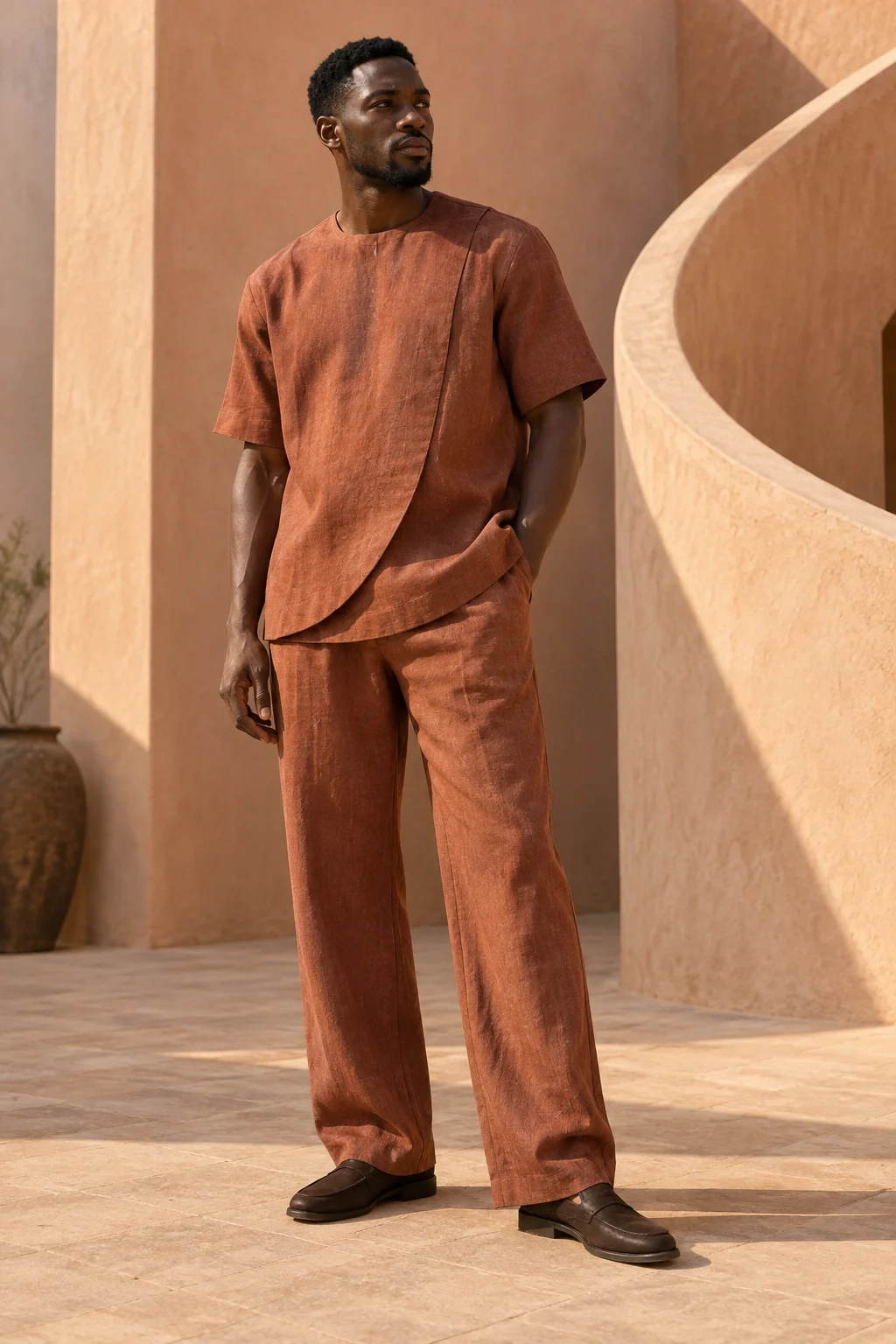 Terracotta linen tunic and trousers in a sunlit courtyard